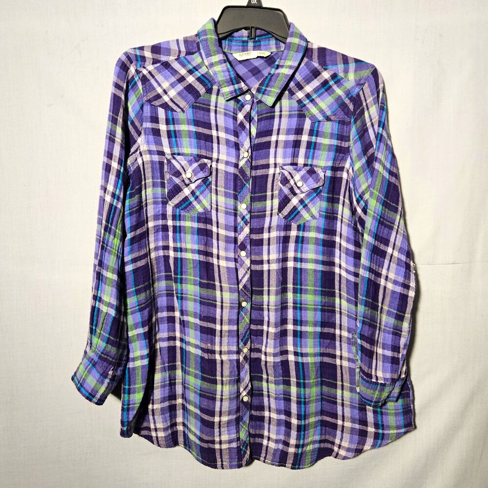 Old Navy Womens Flannel Shirt XXL Purple Plaid Pearl Snap Western Long Sleeve